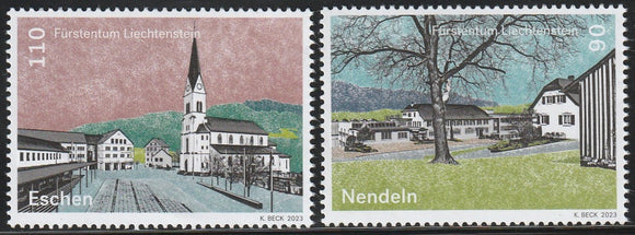 2023 Liechtenstein Local Motives - Eschen/Nendeln Set of 2 MNH Buildings, Trees, Scenery, Mountain #FOR-417