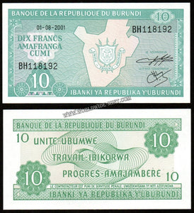 Burundi 10 Francs - 2001 UNC Banknote N#204397