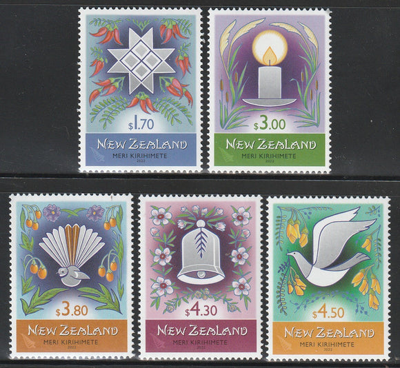 2022 New Zealand Christmas Set of 5 MNH Star, Candle, Bell, Dove #FOR-541