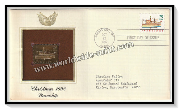 1992 USA Christmas 1992 Steamship - Gold Replica FDC #FE54