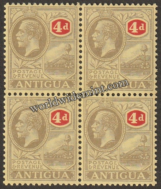 1921-1929 ANTIGUA - KING GEORGE V W/M: MULTI CROWN CA BLOCK OF 4 MNH SG: 56