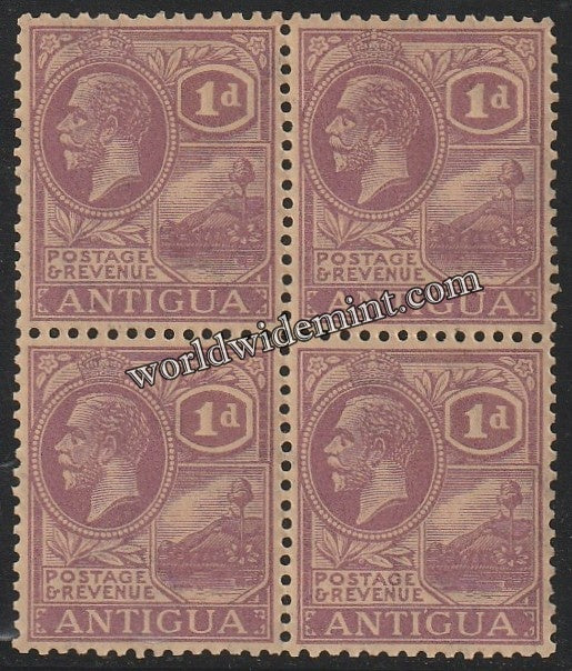 1921-1929 ANTIGUA - KING GEORGE V W/M: MULTI SCRIPT CA BLOCK OF 4 MNH SG: 64a CV: £80