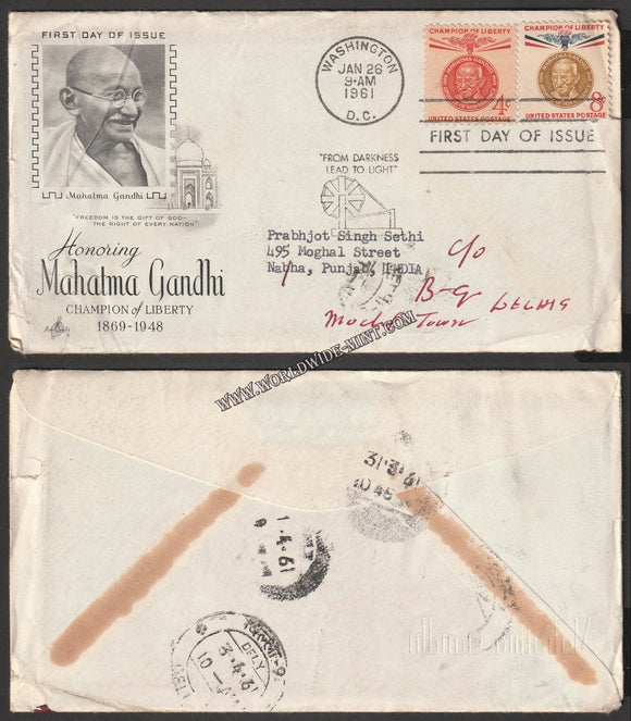 1961 United States of America Gandhi 2v FDC - Commercial Cover travelled to India #Gan666