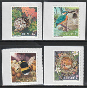 2022 Switzerland Animals in their Habitats Self Adhesive Set of 4 MNH - Snail, King Fisher, Honey Bee, Squireel #FOR-869