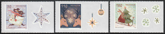 2022 Switzerland Christmas - Festive Season Self Adhesive Set of 3 MNH Deer, Christmas Tree, Star, Snow #FOR-881