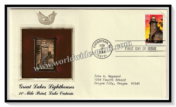 1995 USA Great Lakes Lighthouses 30 Mile Point, Lake Ontario - Gold Replica FDC #FE96