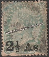 1891 BRITISH INDIA - 2 1/2 a on 4 1/2 a Yellow Green - Queen Victoria - Empire Star W/M Used Stamp S.G:102