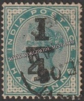 1898 BRITISH INDIA - 1/4a on 1/2a Blue Green - Queen Victoria - Empire Star W/M Used Stamp S.G:110