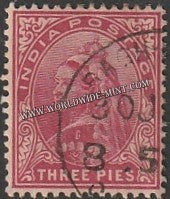 1899 BRITISH INDIA - 3p Aniline Carmine - Queen Victoria - Empire Star W/M Used Stamp S.G:111