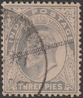 1902 - 1911 BRITISH INDIA - 3p Grey - King Edward Star W/M Used Stamp S.G:119