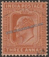 1902 - 1911 BRITISH INDIA - 3a Orange Brown (1902) - King Edward Star W/M Used Stamp S.G:127