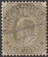 1902 - 1911 BRITISH INDIA - 4a Olive (20.04.1903) - King Edward Star W/M Used Stamp S.G:128