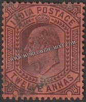 1902 - 1911 BRITISH INDIA - 12a Purple / Red (1903) - King Edward Star W/M Used Stamp S.G:135
