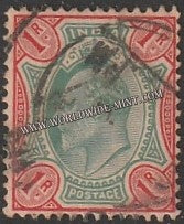 1902 - 1911 BRITISH INDIA - 1 R Green & Carmine (1903) - King Edward Star W/M Used Stamp S.G:136