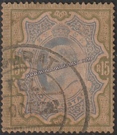1902 - 1911 BRITISH INDIA - 15 R Blue & Olive Brown (1909) - King Edward Star W/M Used Stamp S.G:146