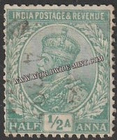 1911 - 1923 BRITISH INDIA - 1/2 a Bright Green - King George V Star W/M Used Stamp S.G:157