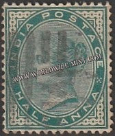1882 - 1890 BRITISH INDIA - 1/2 a Blue Green - Queen Victoria - Empire Star W/M Used Stamp S.G:85