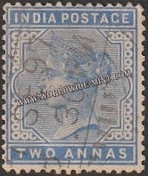 1882 - 1890 BRITISH INDIA - 2a Blue - Queen Victoria - Empire Star W/M Used Stamp S.G:92