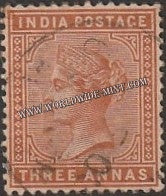 1882 - 1890 BRITISH INDIA - 3a Brown Orange (1890) - Queen Victoria - Empire Star W/M Used Stamp S.G:94