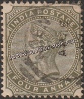 1882 - 1890 BRITISH INDIA - 4a Olive Green (1885) - Queen Victoria - Empire Star W/M Used Stamp S.G:95