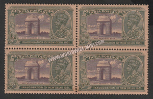 1931 BRITISH INDIA - 1/2 a Violet &amp; Green - King George V, Inauguration of New Delhi - War Memorial Arch India Gate Multi Star W/M Block of 4 MNH S.G:227