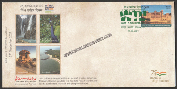 2021 World Tourism Day - Om Beach, Jog falls, Peacock Sanctuary, Stone Chariot Special Cover #SPL-310