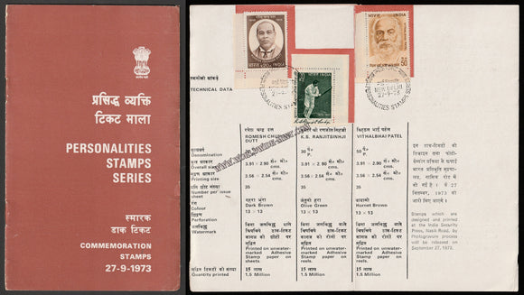 1973 Personalities stamp series - Romesh Chunder Dutt, K.S. Ranjit Sinhji, Vithalbhai Patel 3V set Brochure