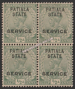 1913-26 Patiala K.G. V - light Green 1/2a SG: 036, £ 0.40 Block of 4 MNH