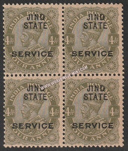 1923 Jind K.G. V olive - 4a SG: 040, £ 8.00 Block of 4 MNH