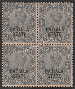 1912-1926 Patiala K.G. V - grey 3p SG: 48, £ 8.00 Block of 4 MNH