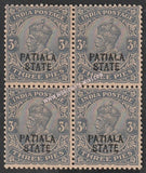 1912-1926 Patiala K.G. V - grey 3p SG: 48, £ 8.00 Block of 4 MNH