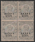 1913-1923 Nabha K.G. V - Bluish grey 3p SG: 49b, £ 17.00 Block of 4 MNH