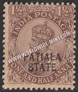 1922 Patiala K.G. V - Chocolate (type-A) 1 1/2a SG: 51, £ 0.50 MNH