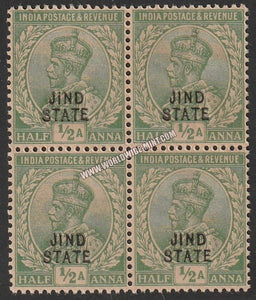 1914-1927 Jind K.G. V Light Green - 1 1/2a SG: 65, £ 17.00 Block of 4 MNH