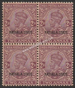 1928-34 Patiala K.G. V - Purple 2a SG: 68, £ 10.00 Block of 4 MNH