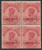 1930 Jind K.G. V  - Rose - Carmine (type-B) 1 1/2a. SG: 89, £ 6.00 Block of 4 MNH