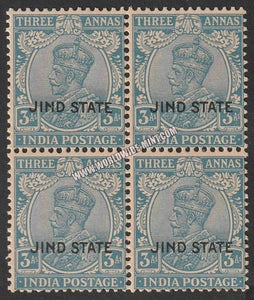 1930 Jind K.G. V  - Bright Blue 3a SG: 92, £ 40.00 Block of 4 MNH