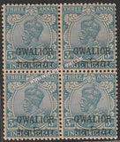 1928-1936 Gwalior K.G. V Bright Blue - 3a SG: 92, £ 8.00 Block of 4 MNH