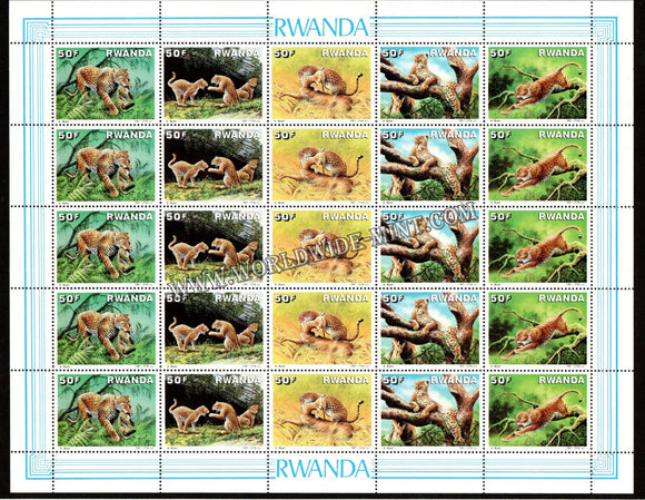 1987 Rwanda Leopard Full Sheet of 5 Strips High Catalog Value £ 125 S.G.: 1302-1306 #FT-3