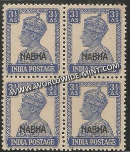 1941-1945 Nabha K.G. VI - 3 1/2a Bright Blue SG: 113, £ 40 Block of 4 MNH