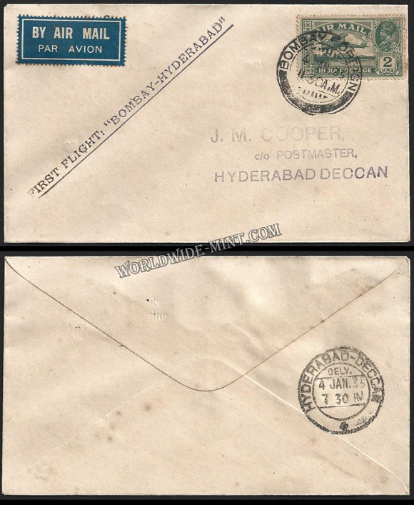 1935 Bombay - Hyderabad First Flight Cover #FFCE2