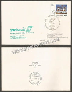 1991 Delhi - Zurich Swissair First Flight Cover #FFCC28