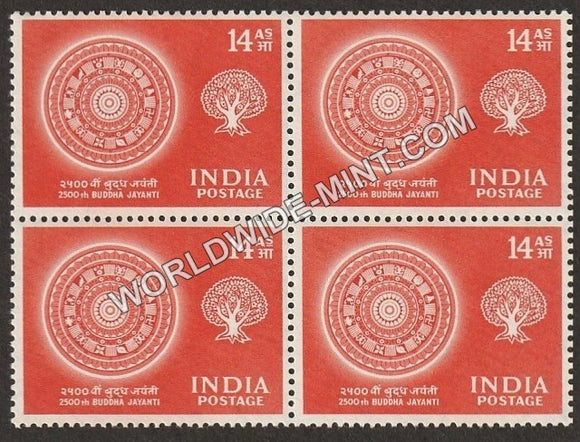 1956 2500th Buddha Jayanti-Round Parasol and Bodhi Tree Block of 4 MNH