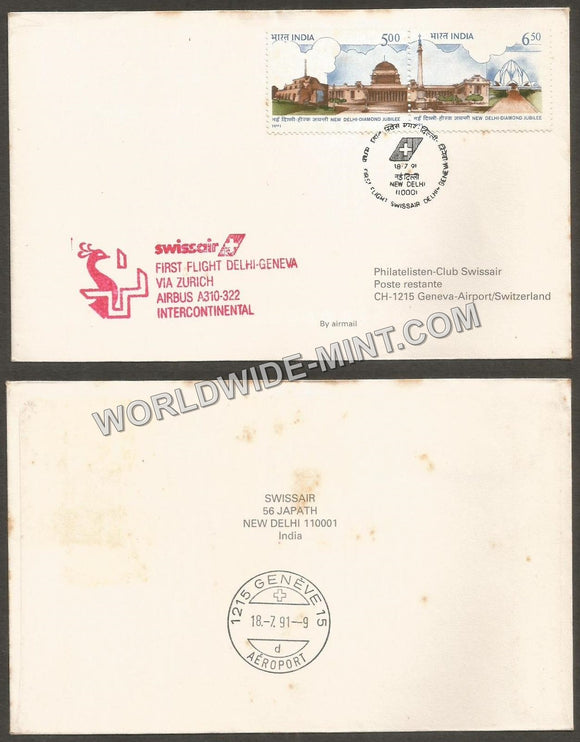 1991 Delhi - Geneva Swissair First Flight Cover #FFCC32