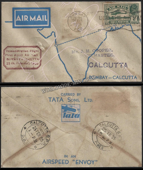 1935 TATA Sons Bombay - Calcutta First Flight Cover with Slogan 